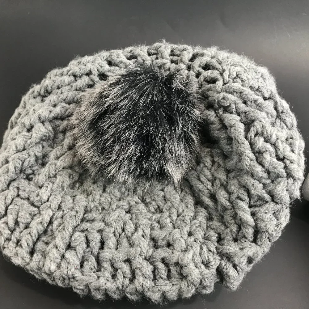 Grey, Blend, handknit beanie with Pom
